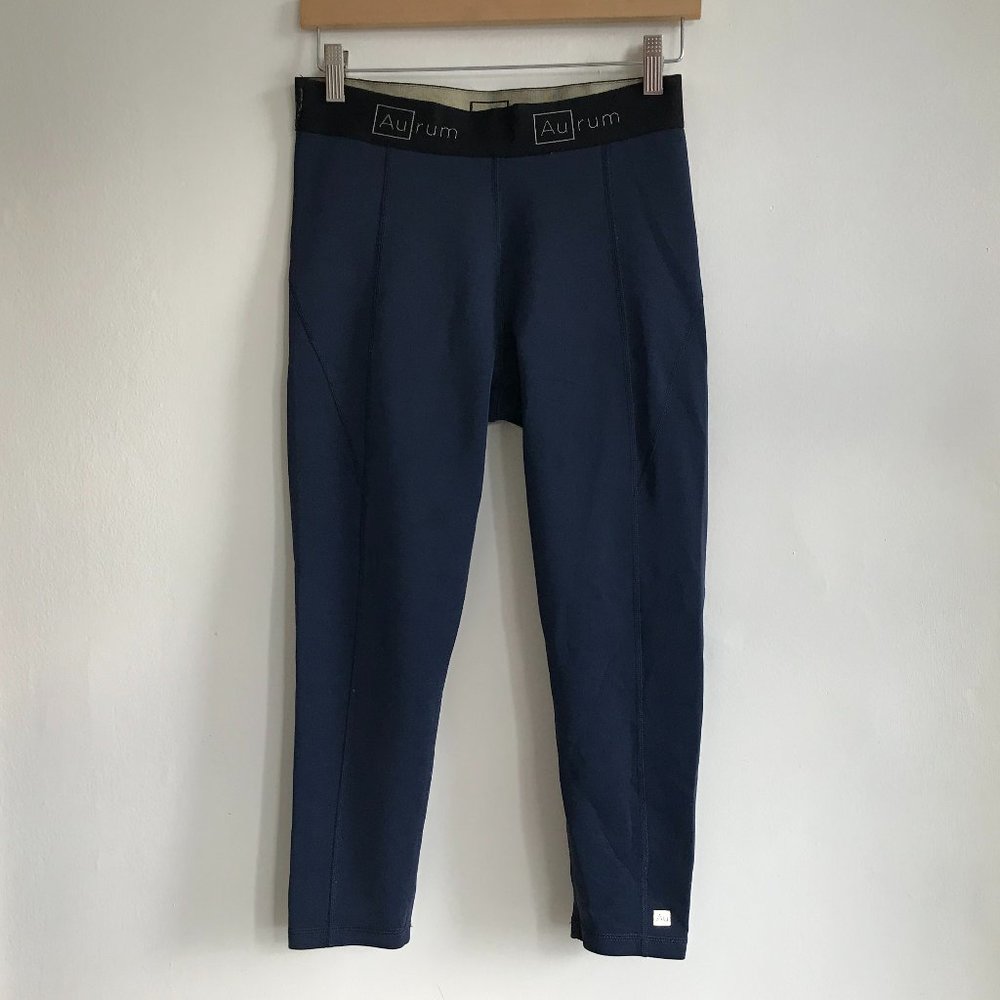 AURUM Women's Small Midnight Sea Navy Blue Gold Cropped Yoga Activewear Leggings